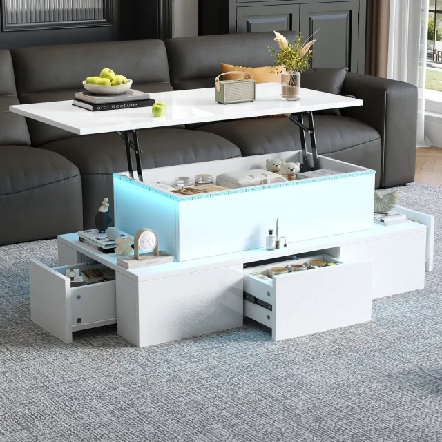 MUVANO Witte Hoogglans Salontafel - Salontafel Met Led Verlichting - Met 4 Lades - In Hoogte Verstelbare Tafel - 100x50x40 cm - Liftfunctie - Woonkamer Wit