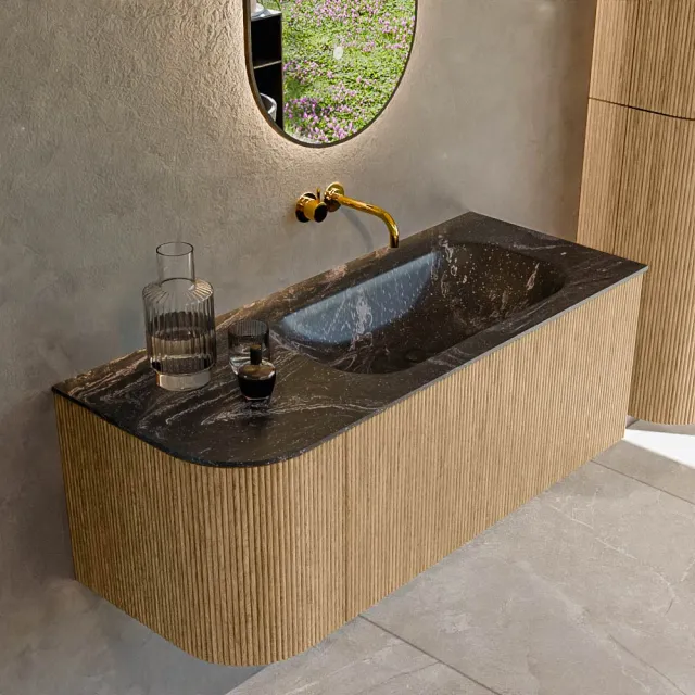 Mondiaz KURVE-DLUX 115 cm Onderkast Greeploos 1 Lade Met Deuren Oak, Wastafel Solid Surface Rechts Lava 0 Kraangaten Zonder Spiegel (KRVBGS115L1L1D0KR-Oak/Lav)