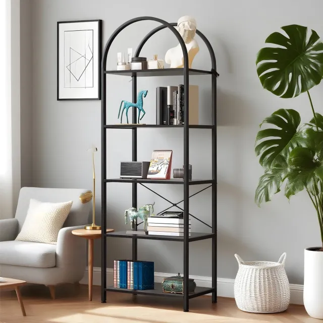 HOERFURIY Boekenkast Gebogen 4 Planken Metalen Frame - Modern Design voor Kantoor Woonkamer of Slaapkamer - Zwart