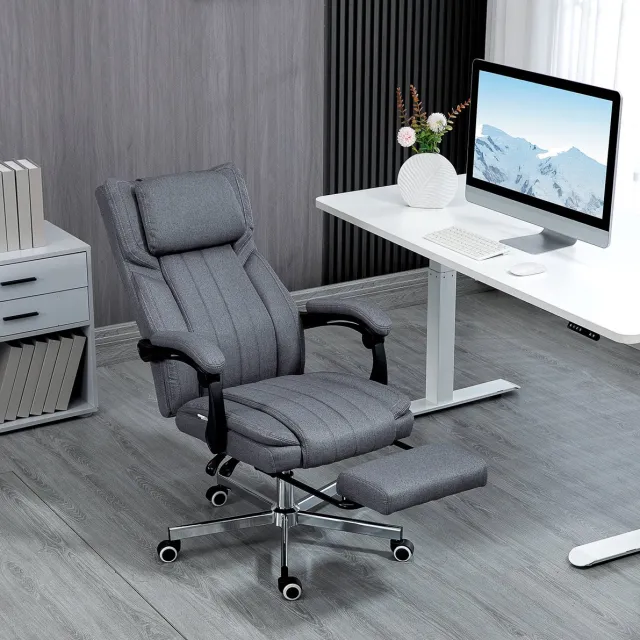 MIVRAY Bureaustoel 65 x 61 x 105-113 cm - 6-Punts Vibratiemassage En Rugleuning Tot 135 Graden - Voor Kantoor En Thuiswerkplek - Linnenlook Grijs