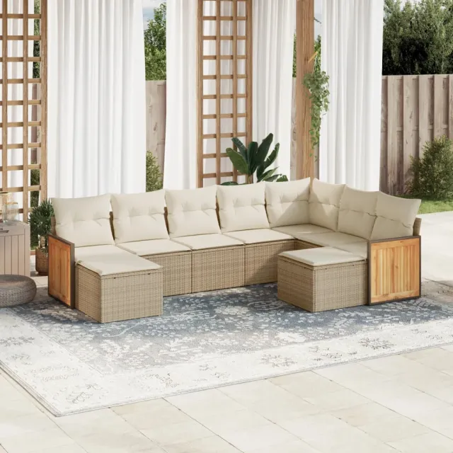 vidaXL 9-delige Loungeset met kussens poly rattan beige, foto 2
