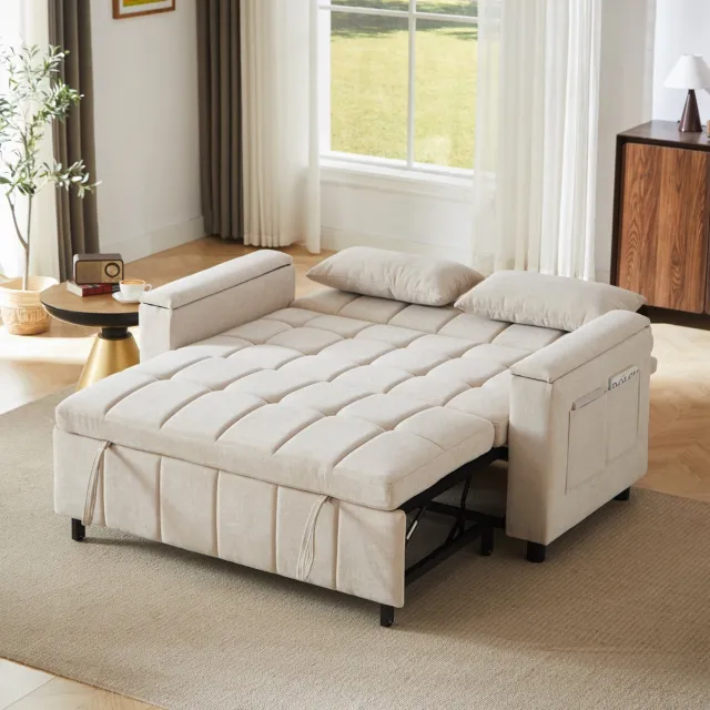 HAUSS SPOLE Slaapbank 2-Zits - 3-In-1 Met Uitklapbaar Bed En Opbergruimte In Armleuningen - Voor Woonkamer En Logeerkamer - Chenille Beige