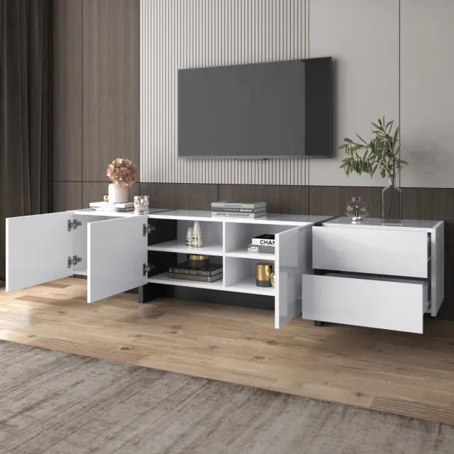 MIVRAY TV Meubel - Hoogglans Kast Met 3 Deuren En 2 Lades - Ruime Opbergruimte Voor Woonkamer - Spaanplaat Wit Zwart - 190x45x35 Cm