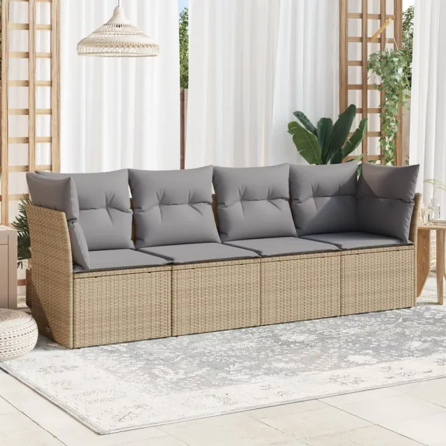 vidaXL 4-delige Loungeset met kussens poly rattan beige