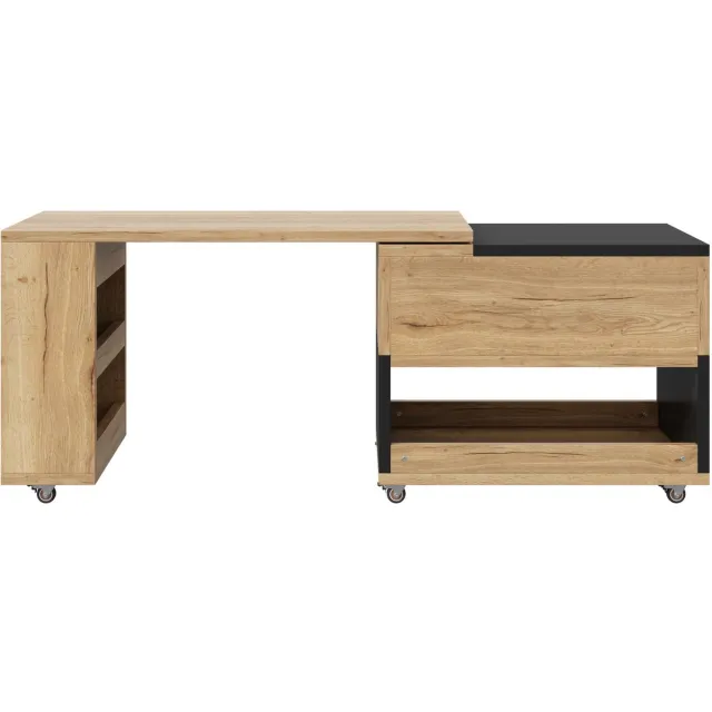 OKWISH Salontafel - Uitschuifbaar Met 360 Graden Draaibaar Zijgedeelte En Opklapbaar Blad - Opbergruimte - Houtlook Zwart - 161,5 Cm Natuurlijk en zwart