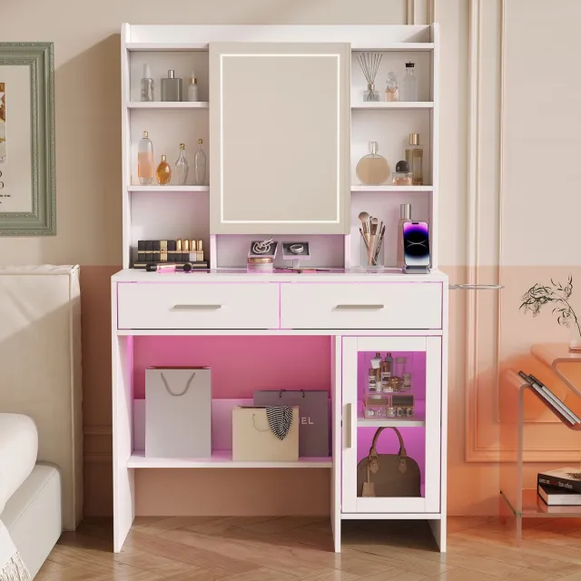 ROSAHQNDA Kaptafel 90x40x145 cm, make-up tafel met led spiegel, glazen blad, 2 lades en kastdeur, inclusief föhnhouder, witte slaapkamerkast