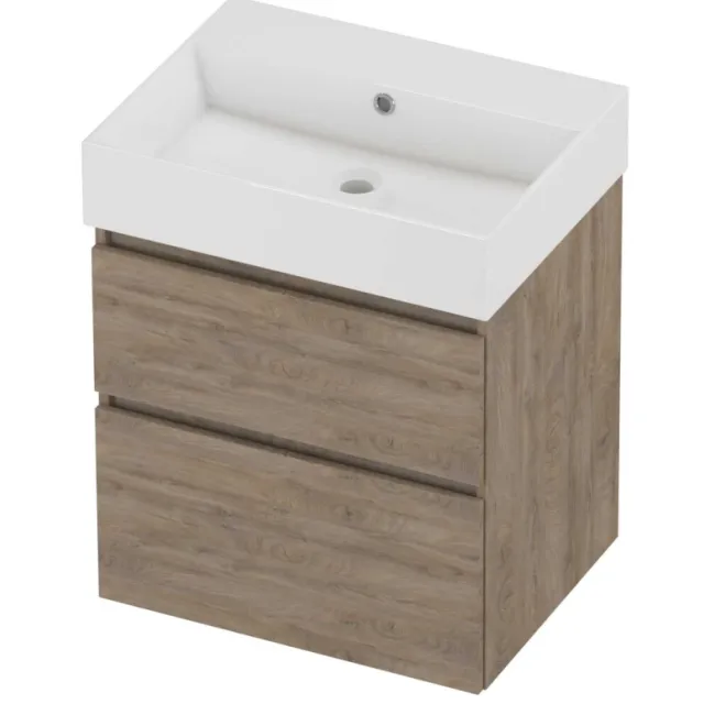Proline Zara Badmeubelset Porselein Loft Zonder Kraangat 60x46x73 cm Glans Wit Raw Oak Eiken
