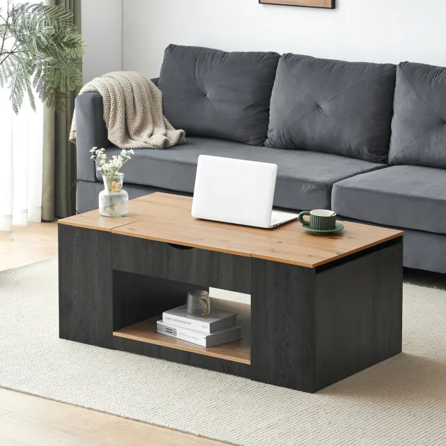 Wishdor Salontafel - Hoogteverstelbaar Met Opbergruimte - Modern - Voor De Woonkamer - MDF - Grijs En Bruin - 109,5 Cm Grijs + Bruin