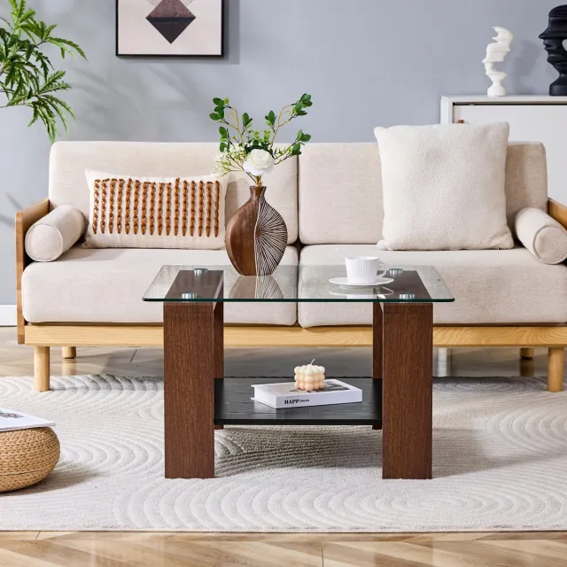 DESMIU Salontafel - Met Opbergruimte En Gehard Glasblad - Voor Woonkamer En Kleine Ruimtes - MDF En Glas - 65x41x45,5 Cm - Walnoot