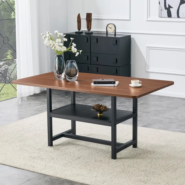 Clruro Eettafel - 160x90x76 cm - Industrieel met Opbergrek - 4-6 Personen - Metaal - Walnoot/Zwart Zwart, walnoot