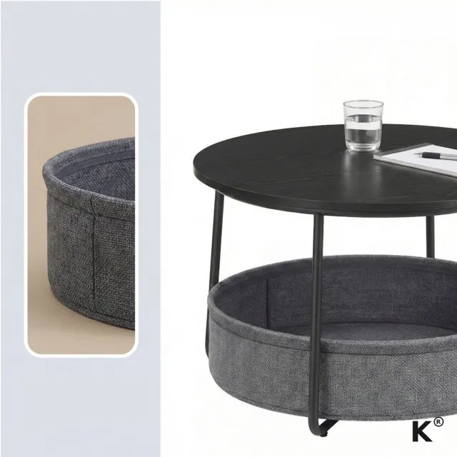 Klarven Salontafel Zwart-grijs - Salontafel met Opbergruimte - Salontafel Opbergmand - Salontafel - Bijzettafel met Stoffen Mand - Draagvermogen tot 40 kg
