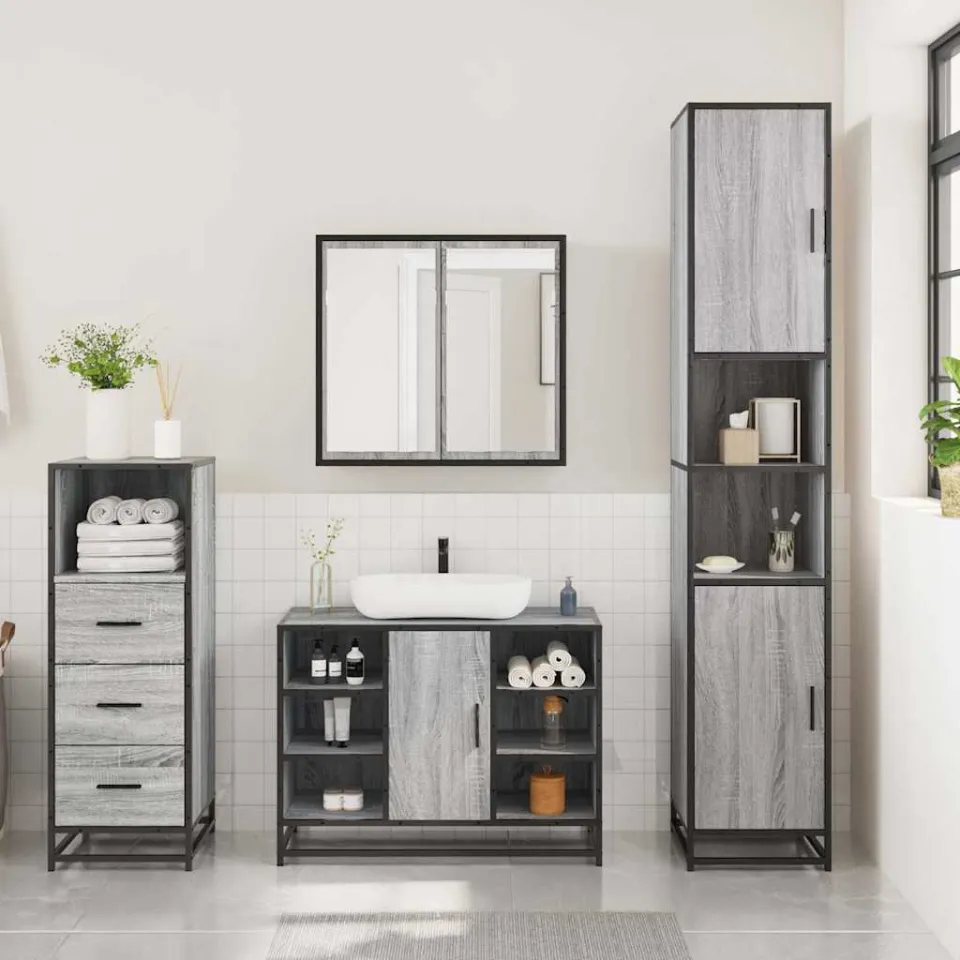 vidaXL 3-delige Badkamermeubelset bewerkt hout grijs sonoma eikenkleur, foto 2