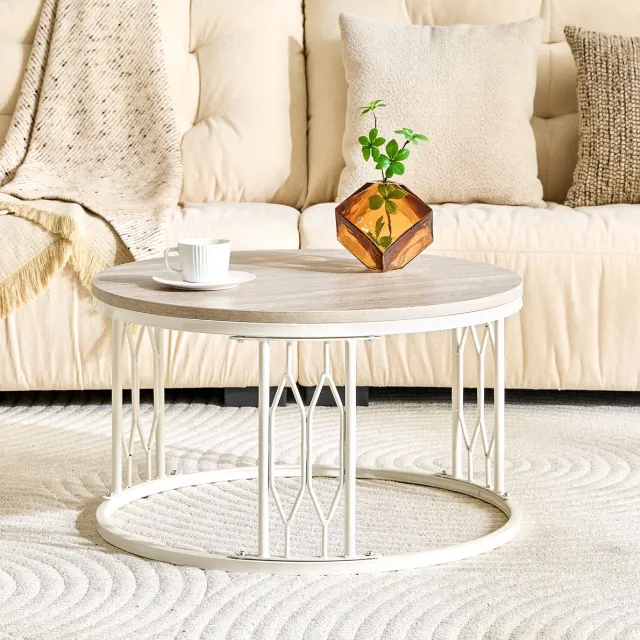 DESMIU Salontafel - Rond Ontwerp Met Houtlook En Metalen Frame - Modern Voor Woonkamer En Zitruimte - MDF - Wit - 70 Cm