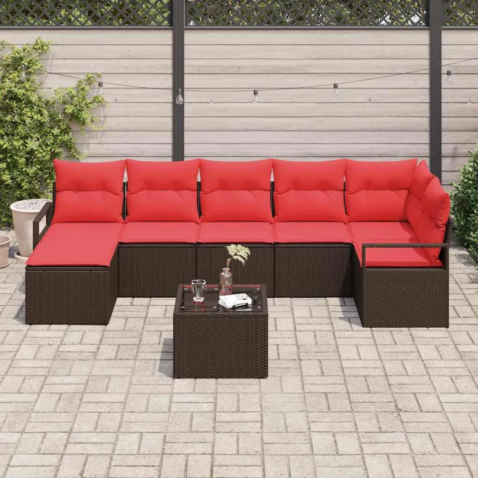 vidaXL Bankstel 8 st Bruin en Rood poly rattan, foto 3