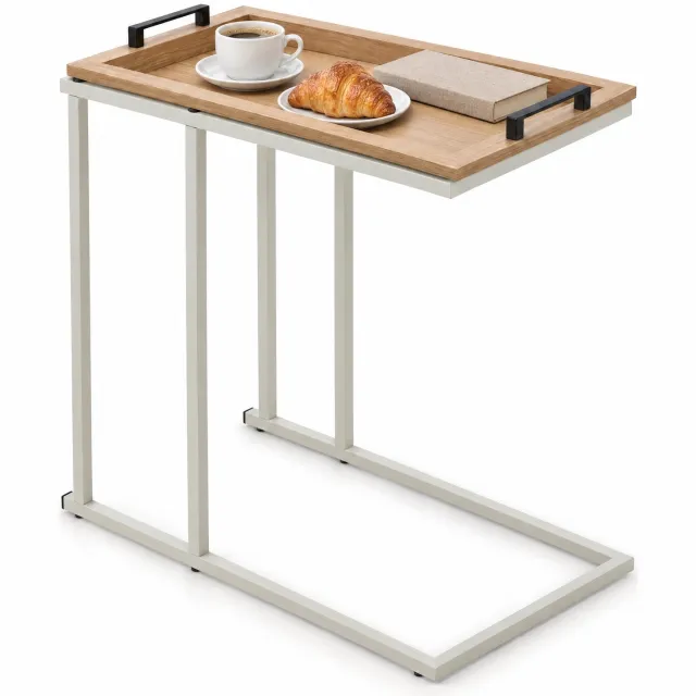 Cheqo Bijzettafel met Afneembaar Dienblad - Banktafel C-Vorm - Laptoptafel voor Bank - Salontafel - Koffietafel - Nachtkastje - Bedtafel - Dienbladtafel - TV Tafel - Snacktafel - Sidetable - Tafeltje - Witte Bijzettafel Woonkamer