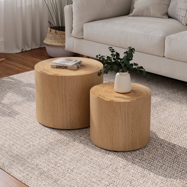 Clruro Salontafel Set - 2-Delig Ronde Houten Bijzettafels met Boomring Design - Modern Design - Hout - Natuurlijk Natuurlijk Hout