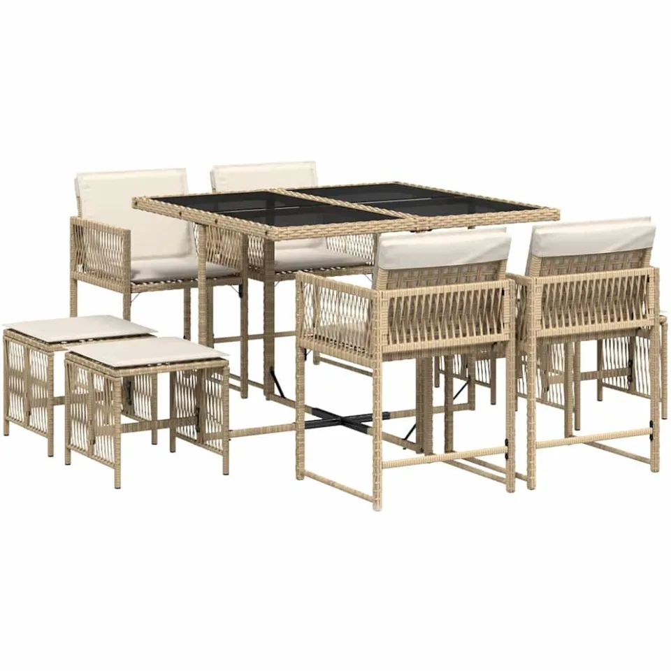 vidaXL 9-delige Tuinset met kussens poly rattan beige