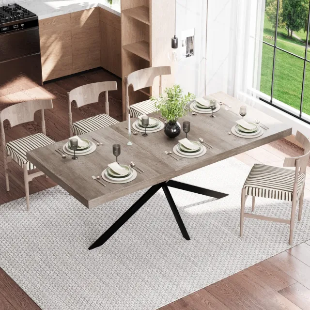 MODFU Uitschuifbare Eettafel - Met Opberglade En X-Poot - Industrieel - Voor Eetkamer - MDF En Metaal - Grijs - 140-180 X 80 X 76 Cm