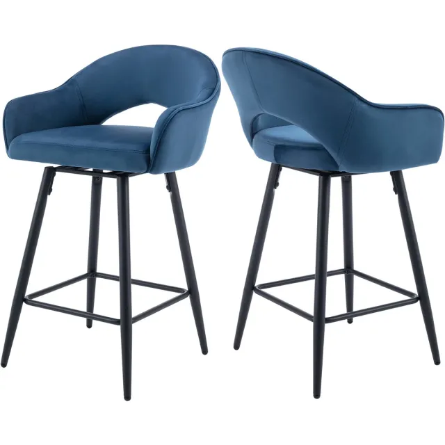 chairus Barkruk Set van 2 Barstoelen - Blauw - Velvet - Met Armleuningen en Rugleuning - Gewatteerde en Draaibare zitting - Met Metalen Poten en Voetsteun - Vaste Hoogte - Voor Keuken en Bar