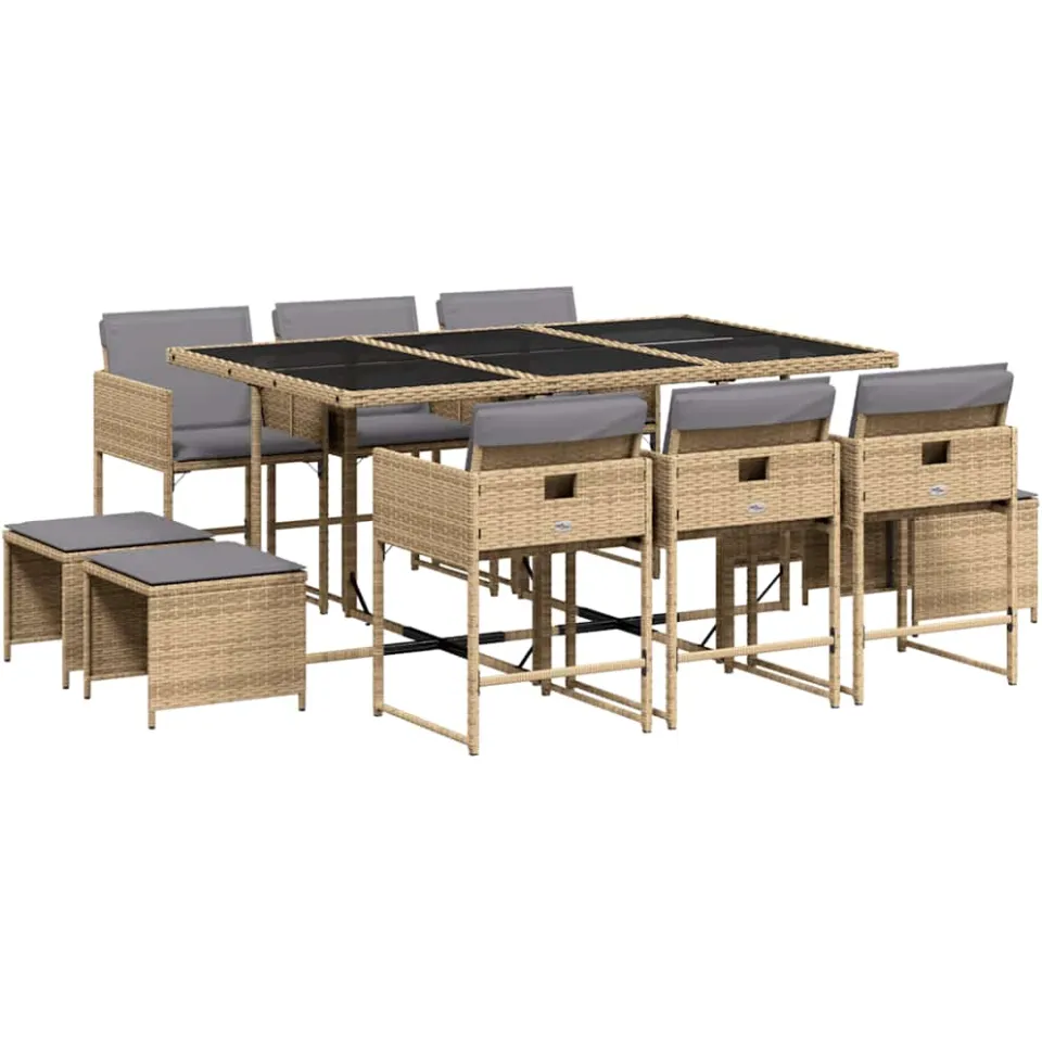 vidaXL 11-delige Tuinset met kussens poly rattan gemengd beige