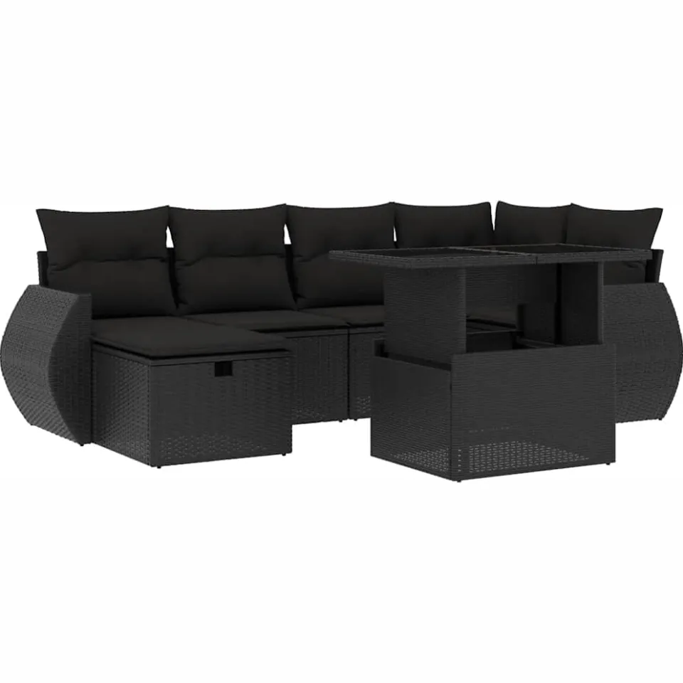 vidaXL 7-delige Loungeset met kussens poly rattan zwart, foto 3