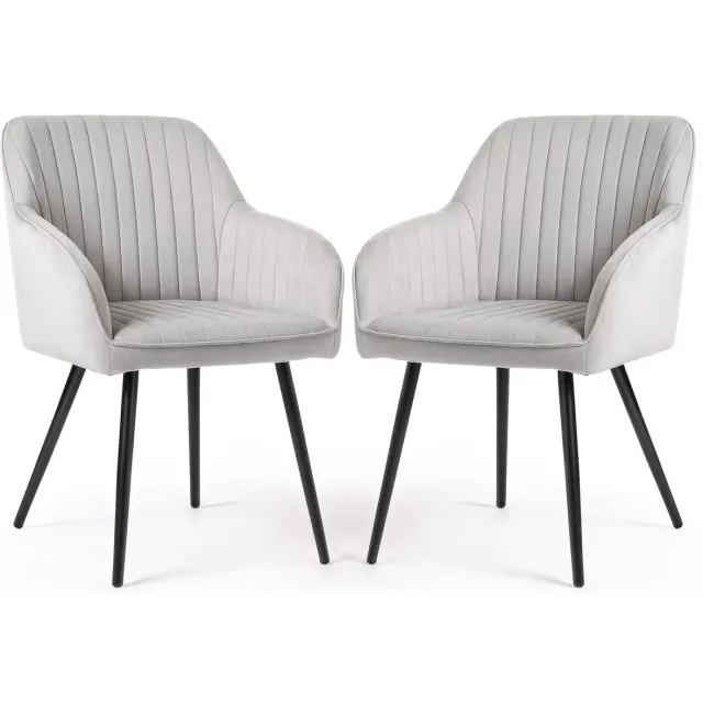 Akord Set van 2 Eetkamerstoelen FLORENCE met Armleuningen / Gestoffeerde Stoelen / Fluwelen Stoelen en Metalen Poten / Grijs met zwarte benen