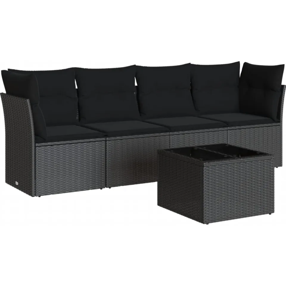 vidaXL 5-delige Loungeset met kussens poly rattan zwart, foto 3