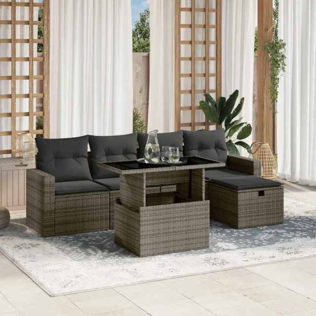 vidaXL 6-delige Loungeset met kussens poly rattan grijs, foto 2