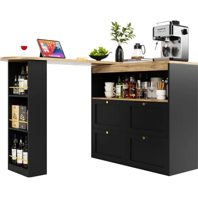 Merax 360° Draaibare Bartafel met 4 Laden en Open Opbergvakken – Multifunctionele tafel – Zwart - 105 x 39 x 102 cm