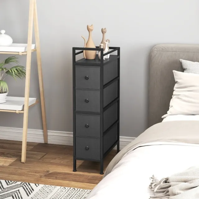OKWISH Ladekast - Smal Ontwerp Met 4 Lades - Voor Slaapkamer, Woonkamer En Hal - Staal, Stof, Zwart - 20 X 43 X 81,5 Cm