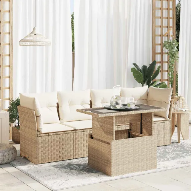 vidaXL 5-delige Loungeset met kussens poly rattan beige, foto 2
