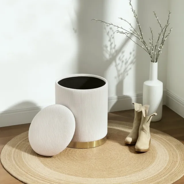 MEUNIQ voetenbankje met opbergruimte 36 x 36 x 44 cm rond met deksel en cordstof look, gestoffeerde opbergpoef met RVS basis en antislip voetpads voor binnen, crèmewit