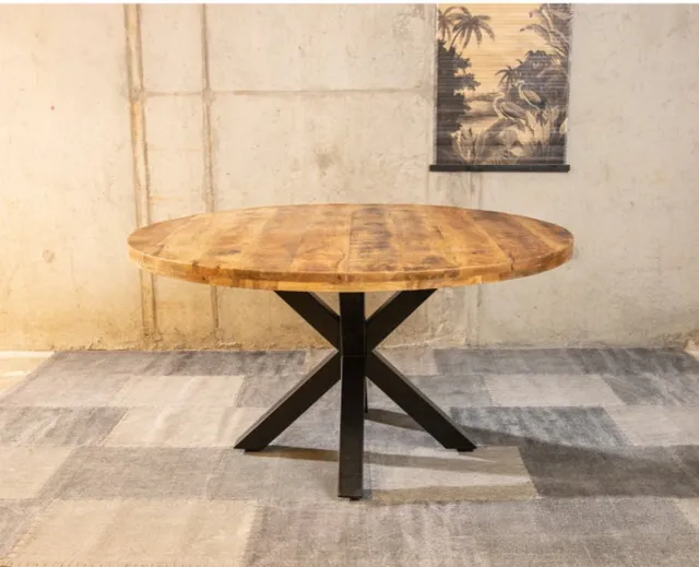 Meubelplaats Ronde Mango Eettafel Spider 150x150x77 cm - Industrieel Design - Massief Mangohout Bruin