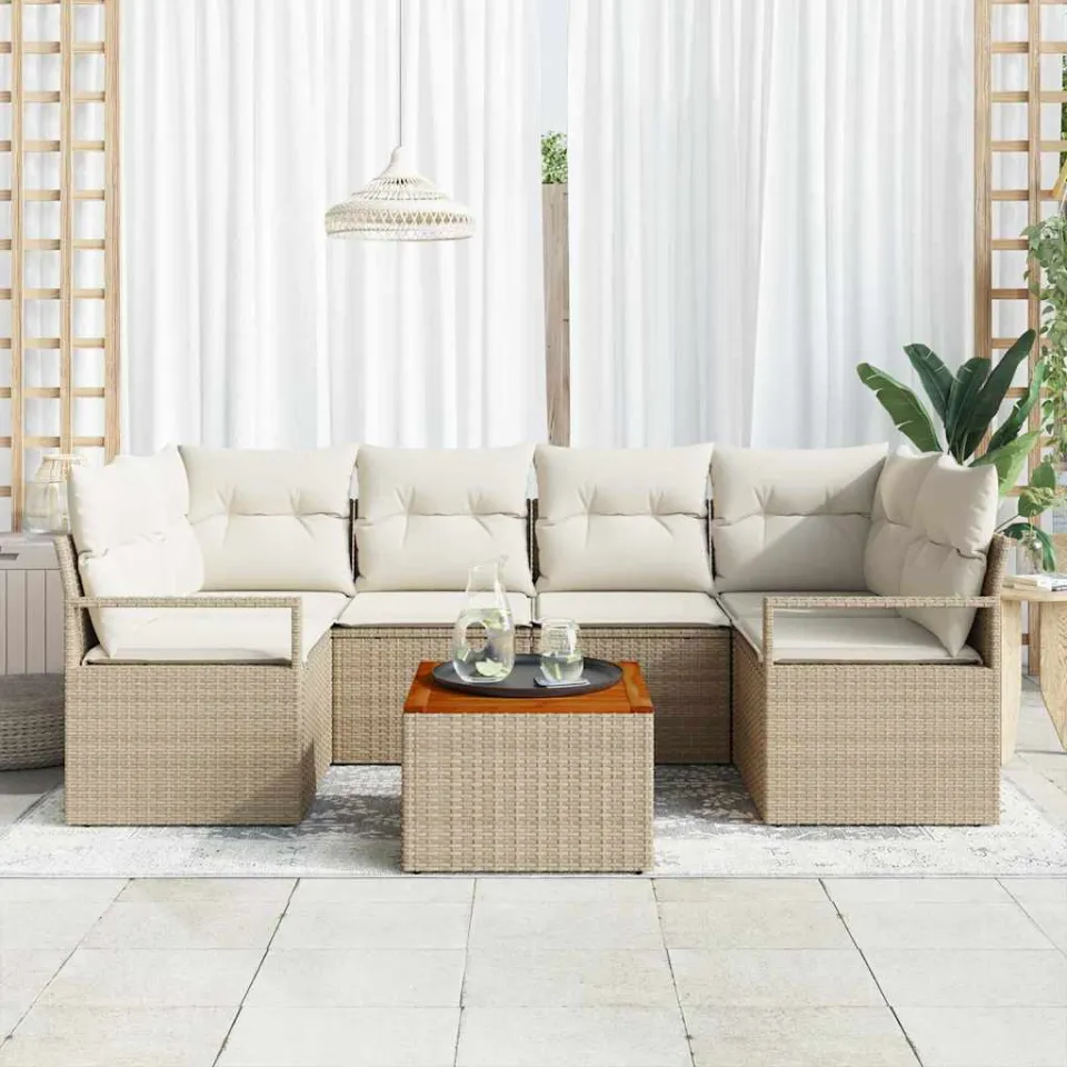 vidaXL Tuinbankenset 7 st Beige en Crème poly rattan, foto 3