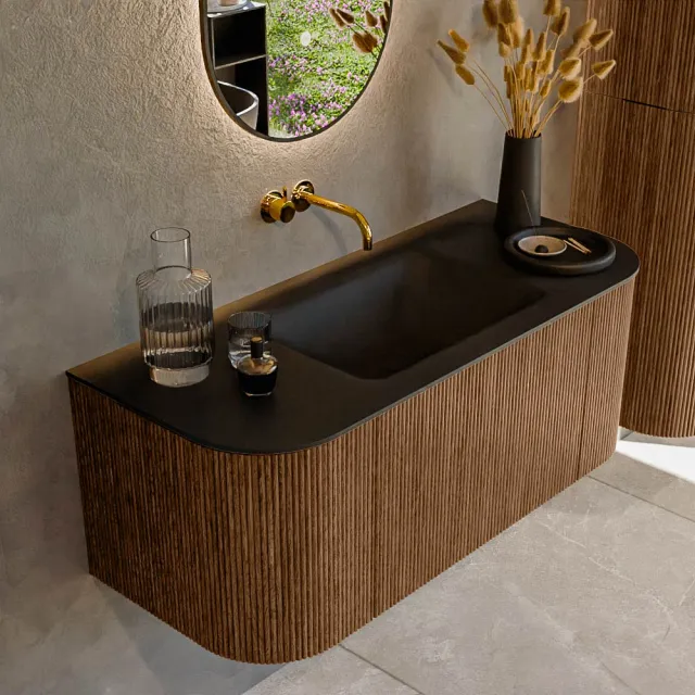 Mondiaz KURVE 110 cm Onderkast Greeploos 1 Lade Met Deuren Walnut, Wastafel Solid Surface Midden Urban 1 Kraangat Zonder Spiegel (KRVCLO110L+R1L2D1KM-Wal/Urb)