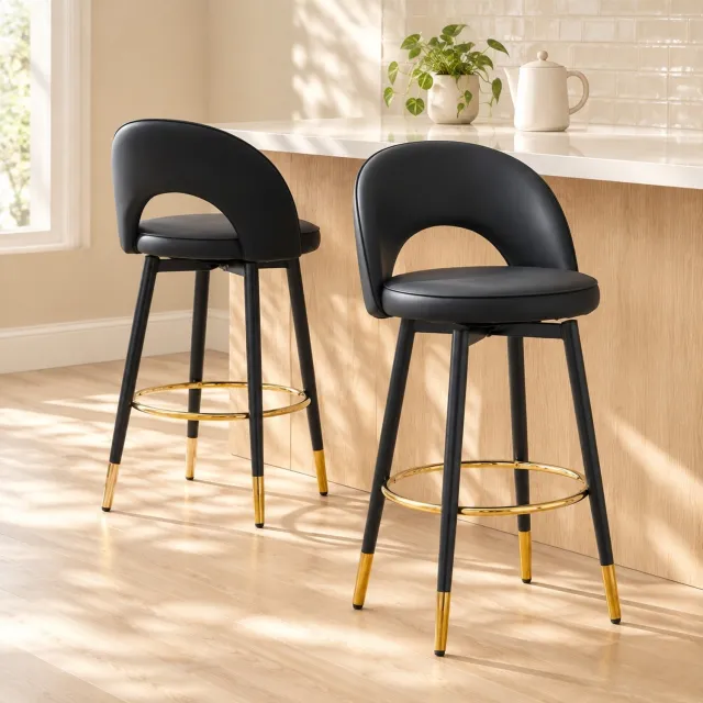CHICFURN Barkruk 44 cm - Set van 2 - 360° draaibaar - Met rugleuning - Bar en keuken - Metaal en kunstleer - Zwart