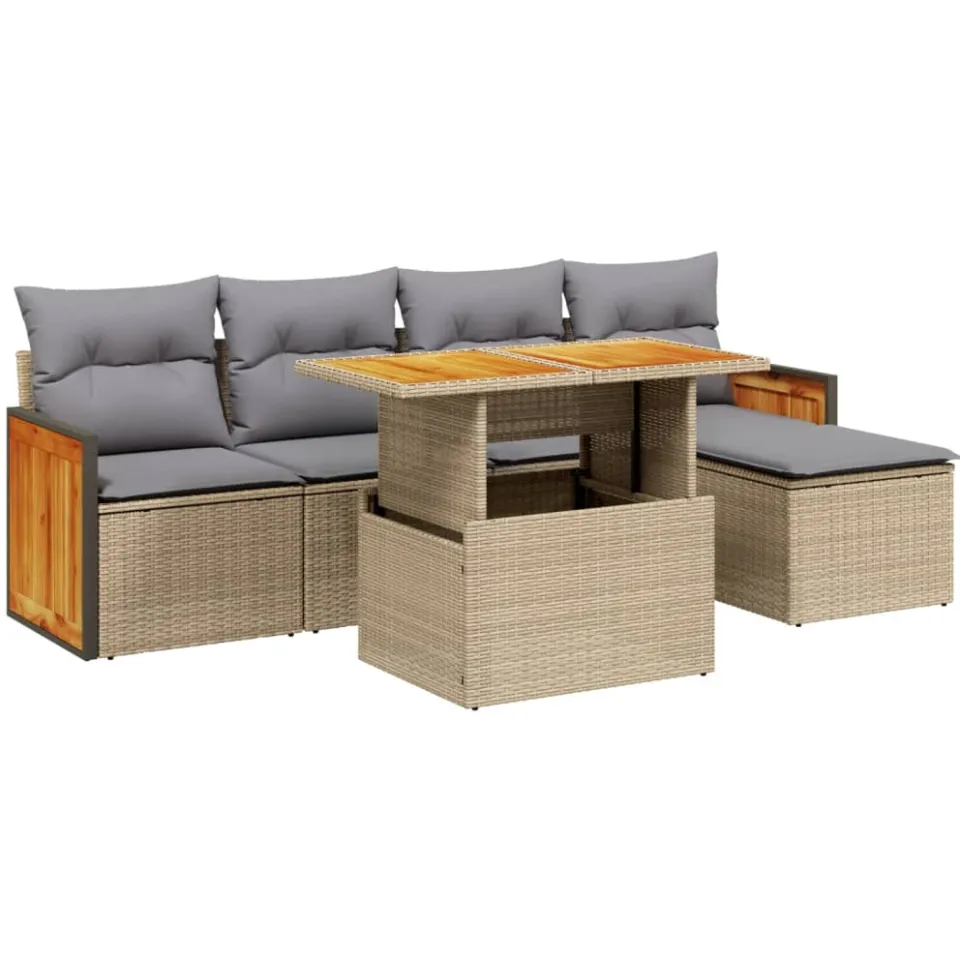 vidaXL 6-delige Loungeset met kussens poly rattan beige, foto 3