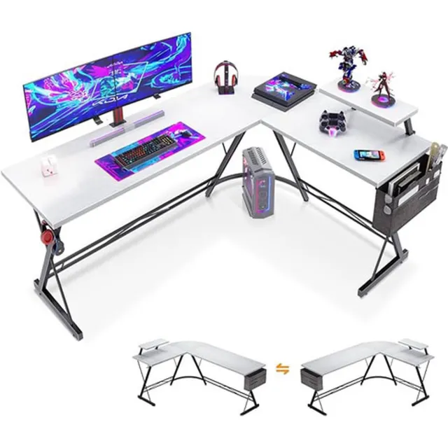 CLORD Gamingtafel in L-vorm met ronde hoek, wit, 167 x 120 cm. Hoekbureau met monitorplank, ideaal voor gaming