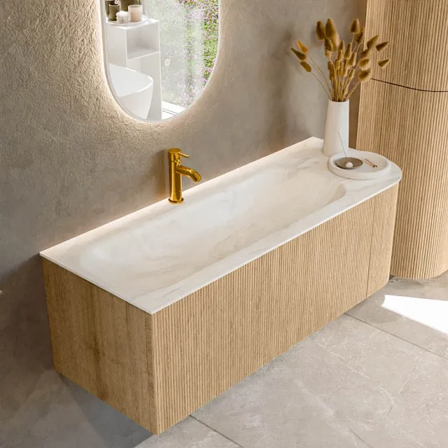 Mondiaz KURVE-DLUX 125 cm Onderkast Greeploos 1 Lade Met Deuren Oak, Wastafel Solid Surface Links Ostra 1 Kraangat Zonder Spiegel (KRVBGM125R1L1D1KL-Oak/Ost)