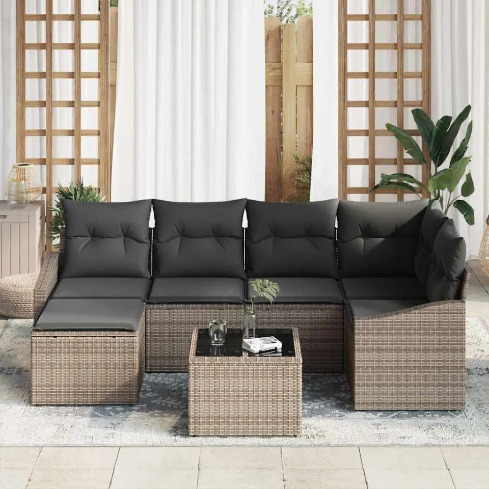 vidaXL Tuin Eetset 7 st Lichtgrijs Poly Rattan en Poedergecoat Staal, foto 3