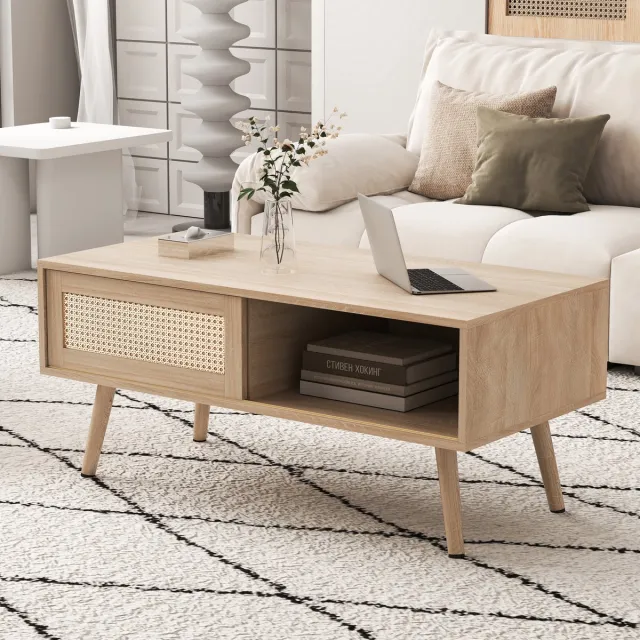 DESMIU Salontafel - Rotanlook Met Schuifdeur En Opbergruimte - Modern Voor Woonkamer En Slaapkamer - MDF En Hout - 105x55x41,5 Cm - Naturel Natuurlijke houtkleur