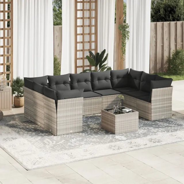 vidaXL 10-delige Loungeset met kussens poly rattan lichtgrijs grijs, foto 2