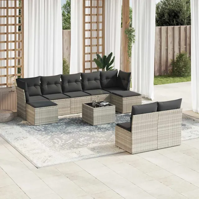 vidaXL 10-delige Loungeset met kussens poly rattan lichtgrijs grijs, foto 2
