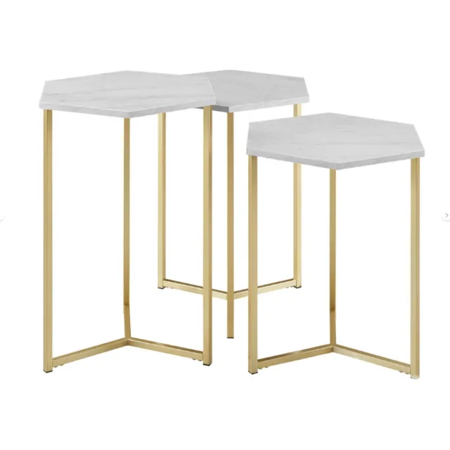 Artisan Furniture Walker Edison - Bijzettafels set 3 stuks - Wit- Gouden onderstel - 35.6d x 40.6b x 50.8/55.9/60.9h cm Marmer/Goud