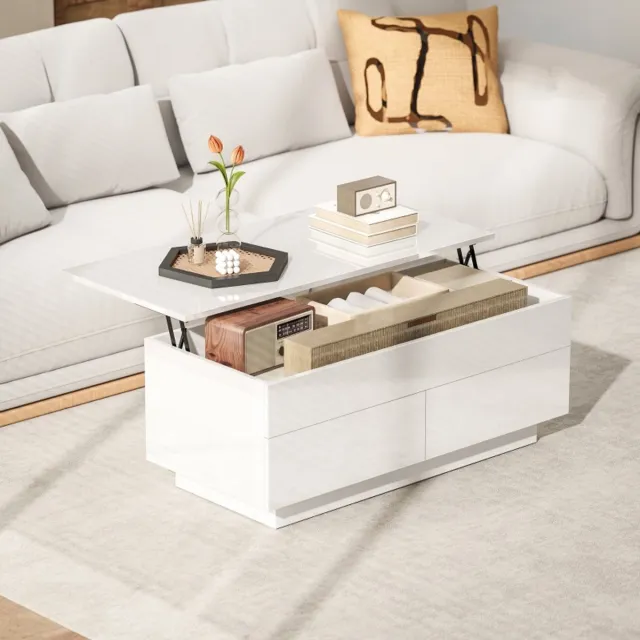 STILVORA Salontafel Hoogte Verstelbaar Met Verborgen Opbergruimte En 2 Lades Voor Woonkamer Hoogglans Wit 102x48x40 Cm Glanswit