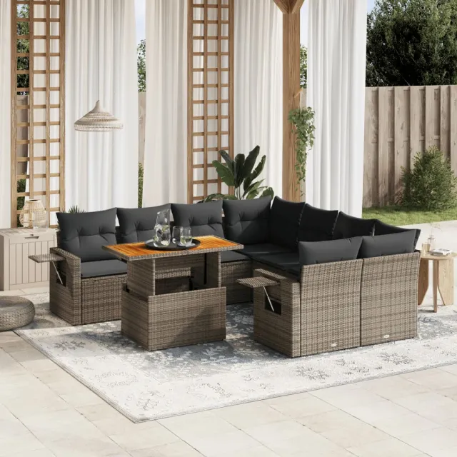 vidaXL 9-delige Loungeset met kussens poly rattan grijs, foto 2