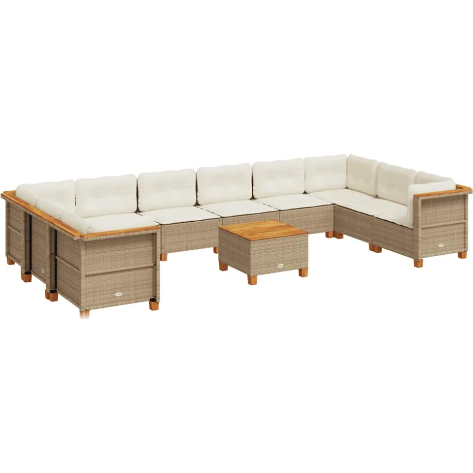 vidaXL 11-delige Tuinset met kussens poly rattan beige