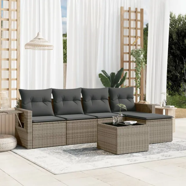 vidaXL 6-delige Loungeset met kussens poly rattan grijs, foto 2