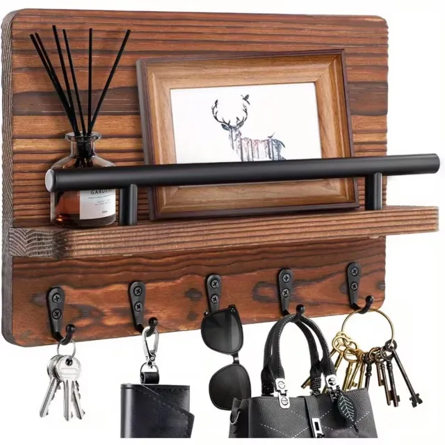 Dnntunk Zwevende Wandplank Hout - Wandrek - Postrek - Sleutelrek - 8 Haakjes - voor Entree, Hal en Woonkamer Bruin