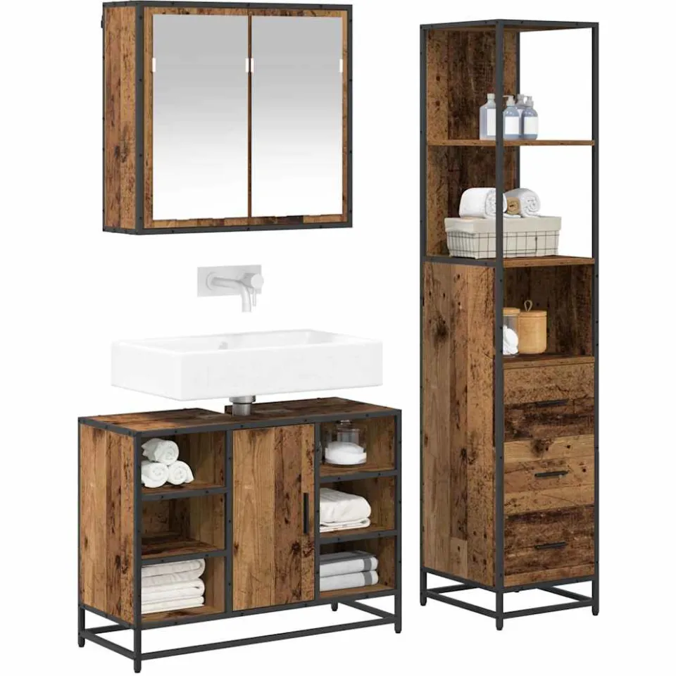 vidaXL Badkamermeubelset 3 st Oud Hout 80 x 33 x 60 cm Bewerkt hout Bruin